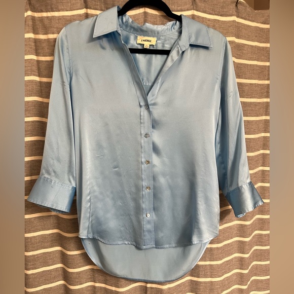 L'Agence Dani Silk Satin 3/4-Sleeve Button-Down Blouse Light Aqua XSmall - Picture 12 of 14